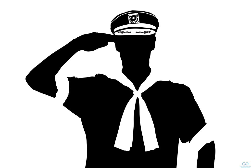 A silhouette of a sailor saluting isolated on white background