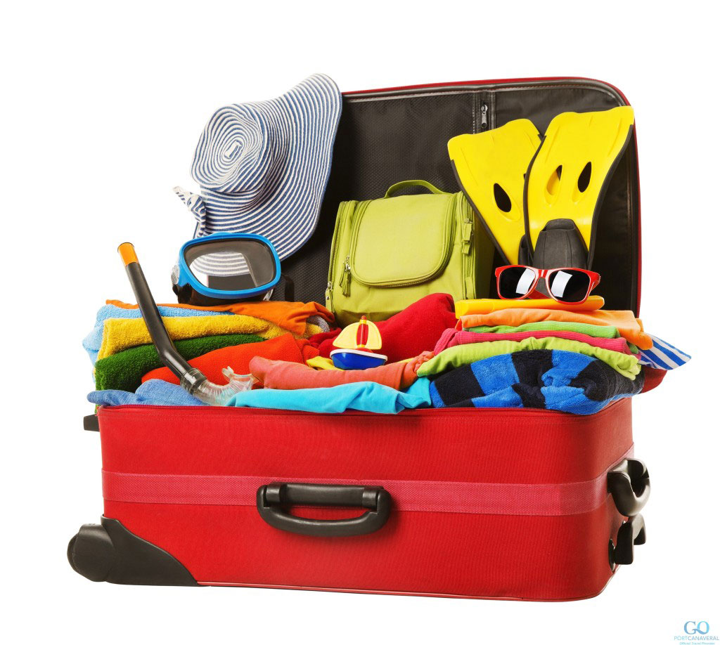 Suitcase Packed to Vacation Open Red Luggage Full of Clothes Family Travel Items Baggage Trip Concept