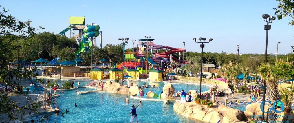 View of attractions at Sea World's Aquatica water park