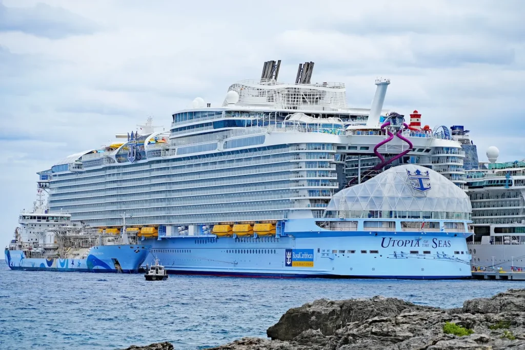 Side and back view of Royal Caribbean Utopia of the Seas cruise ship at CocoCay