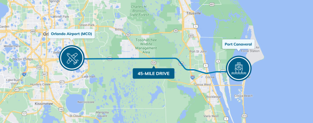 Map showing the distance between Orlando Airport (MCO) and Port Canaveral with label 45-mile drive