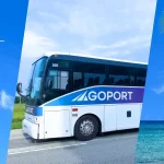 collage showing a jet flying over palm trees, a go port shuttle bus to port canaveral and a cruise ship in the ocean