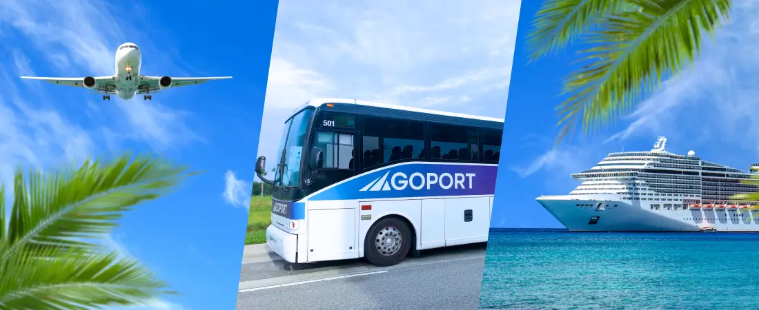 collage showing a jet flying over palm trees, a go port shuttle bus to port canaveral and a cruise ship in the ocean