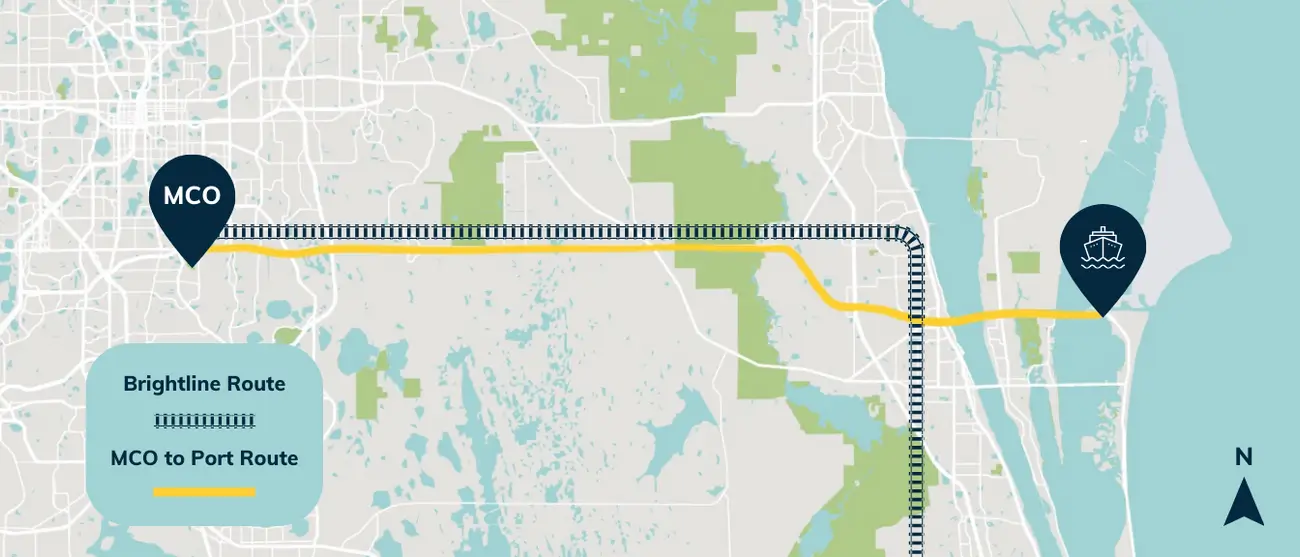 Map showing route of brightline train to Orlando station MCO and yellow line showing MCO to Port Canaveral route