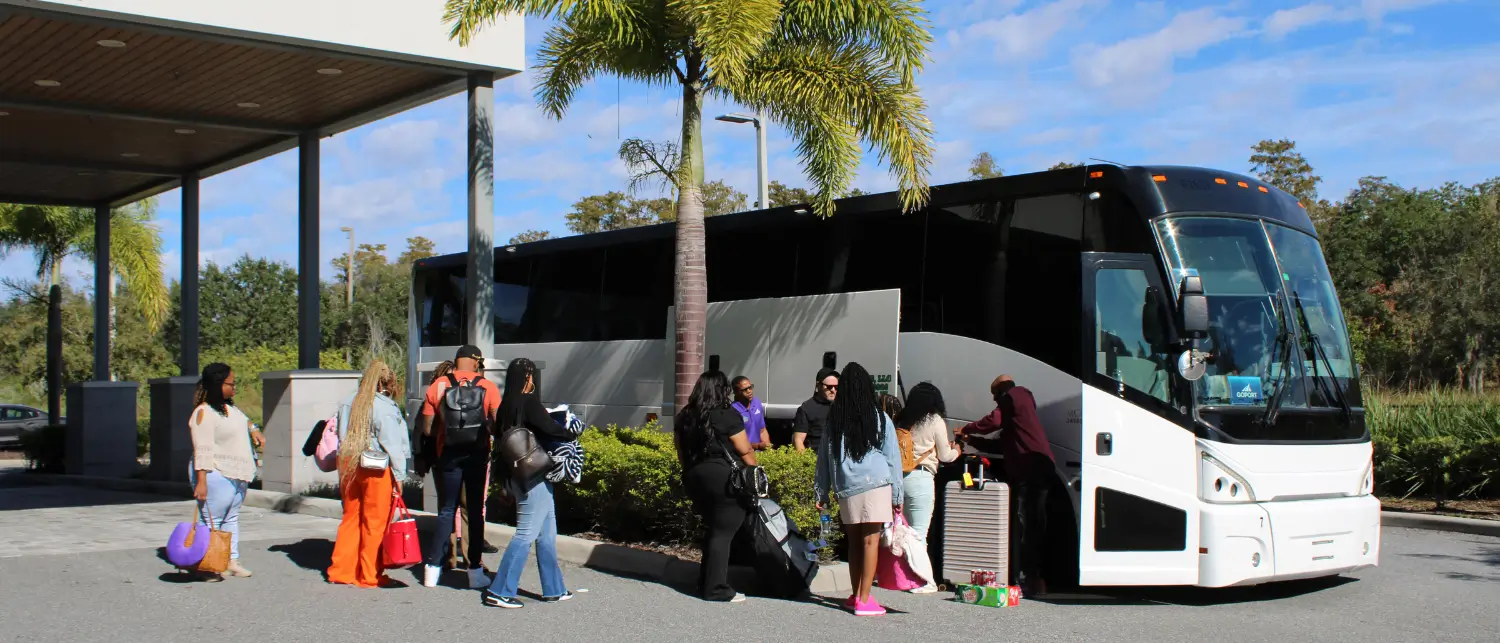 Cruisers boarding a shuttle to port canaveral at orlando airport