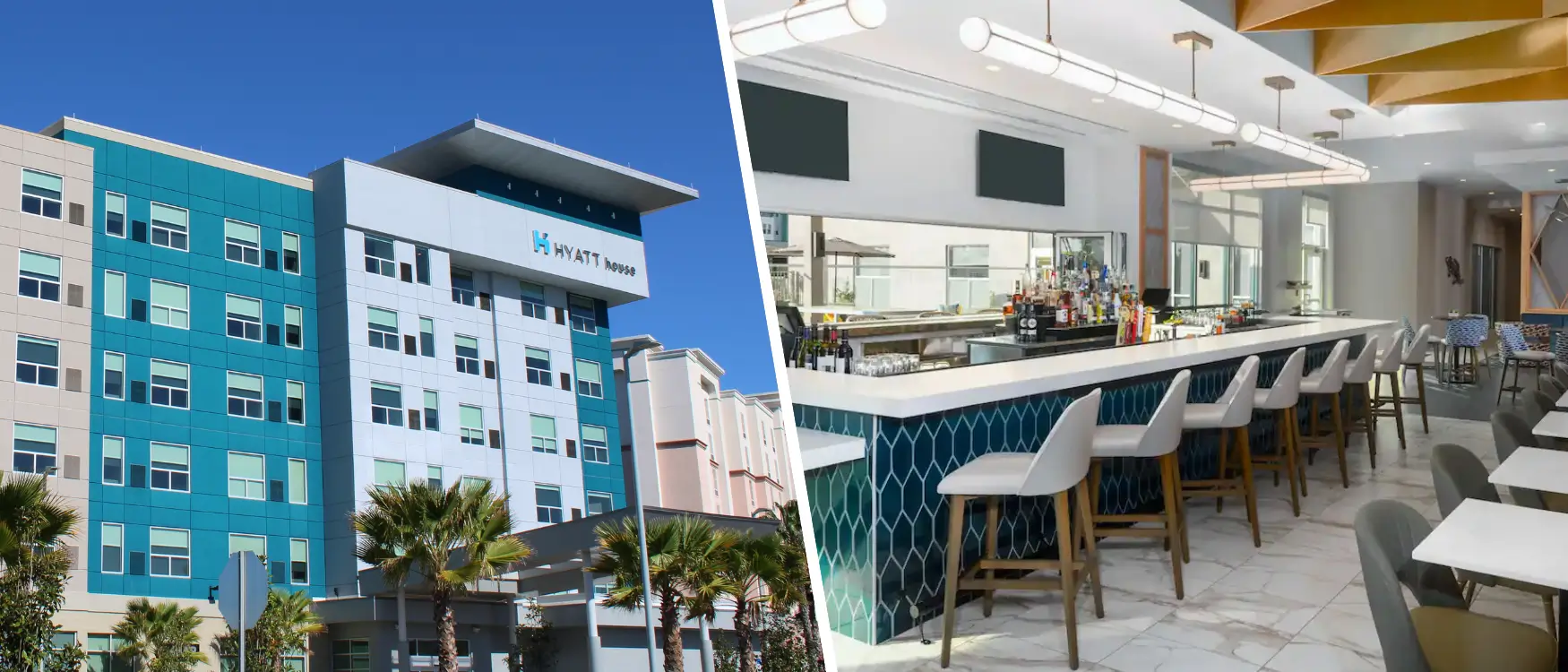 Collage showing exterior of Hyatt Hotel Orlando Airport and bar area inside the hotel