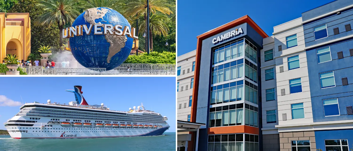 Collage showing globe at Universal studios, Carnival cruise ship, and Cambria hotel in Orlando, showcasing airport hotel options before a cruise