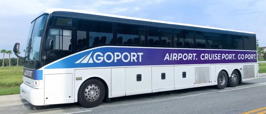 Exterior of large Go Port shuttle bus providing transportation to Port Canaveral and back