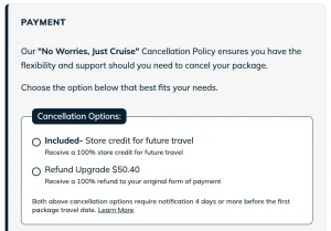 Screenshot showing Go Port's No Worries Just Cruise cancellation policy selection at checkout