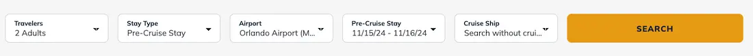 Screenshot showing how to select travel details to build a fly snooze cruise package