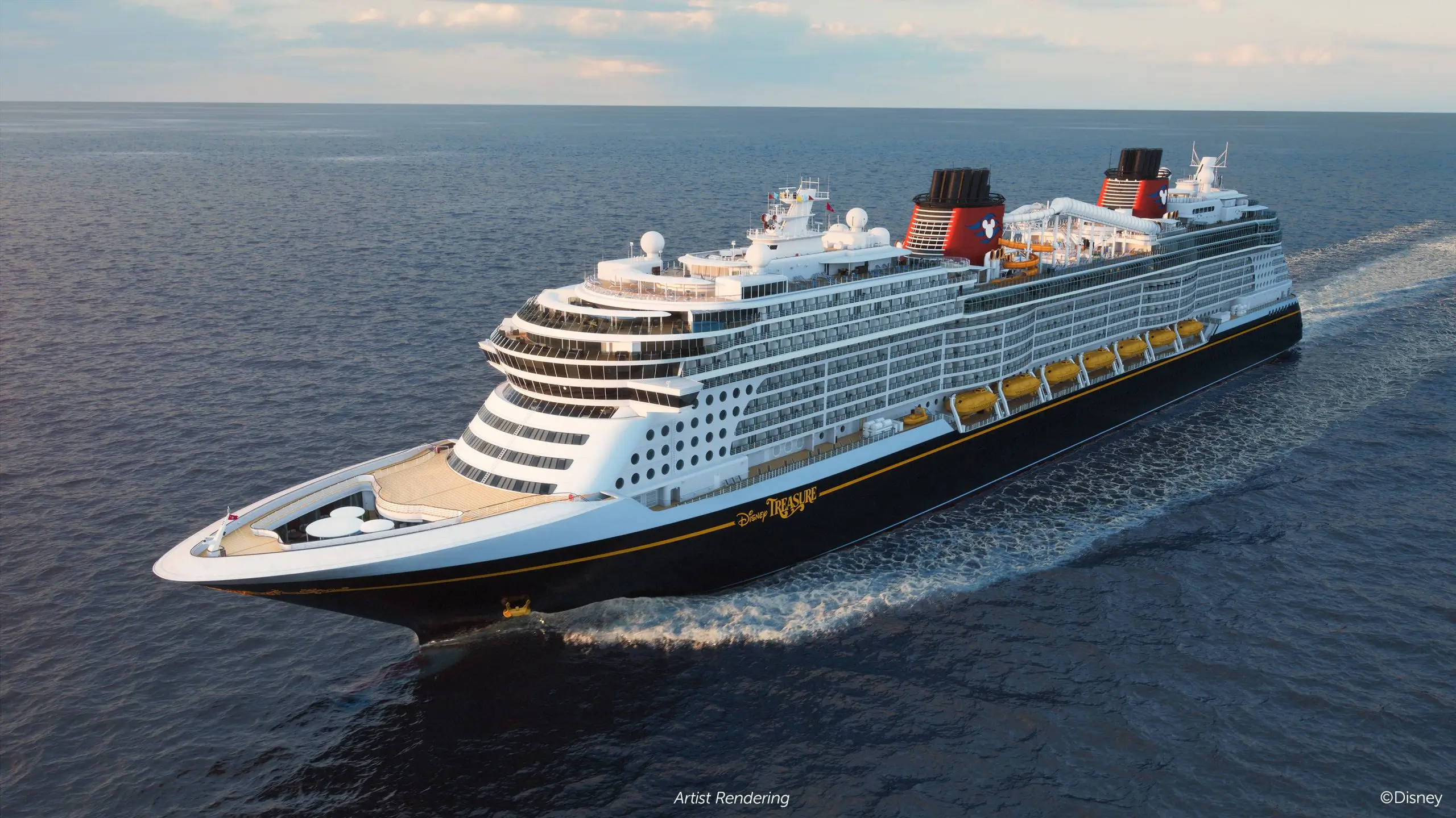 Artist rendering of the Disney Treasure cruise ship in the ocean