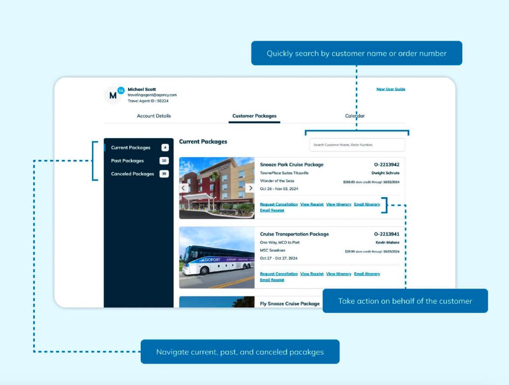 screenshot showing customer bookings in the Go Port travel agent portal