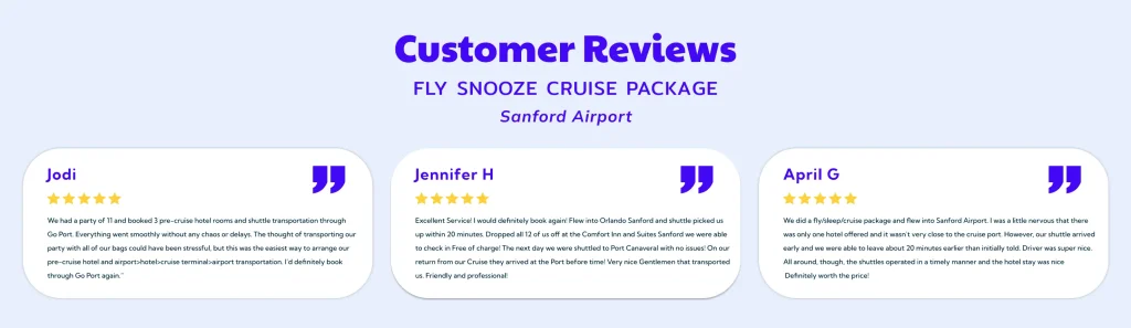 Screenshot showing three customer reviews of Sanford Airport fly snooze cruise package