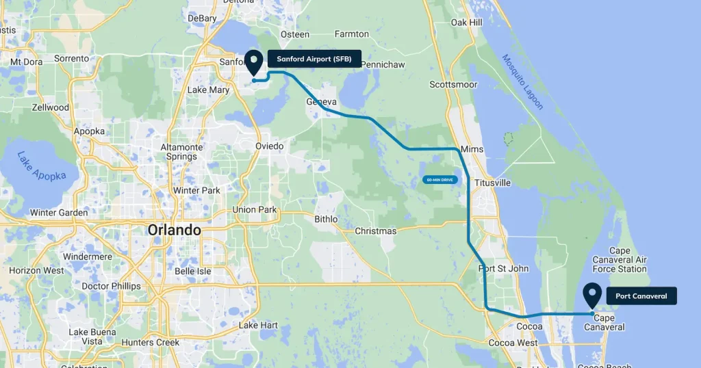 Map showing the route between Sanford Airport (SFB) and Port Canaveral, Florida with a label that says 60 minute drive